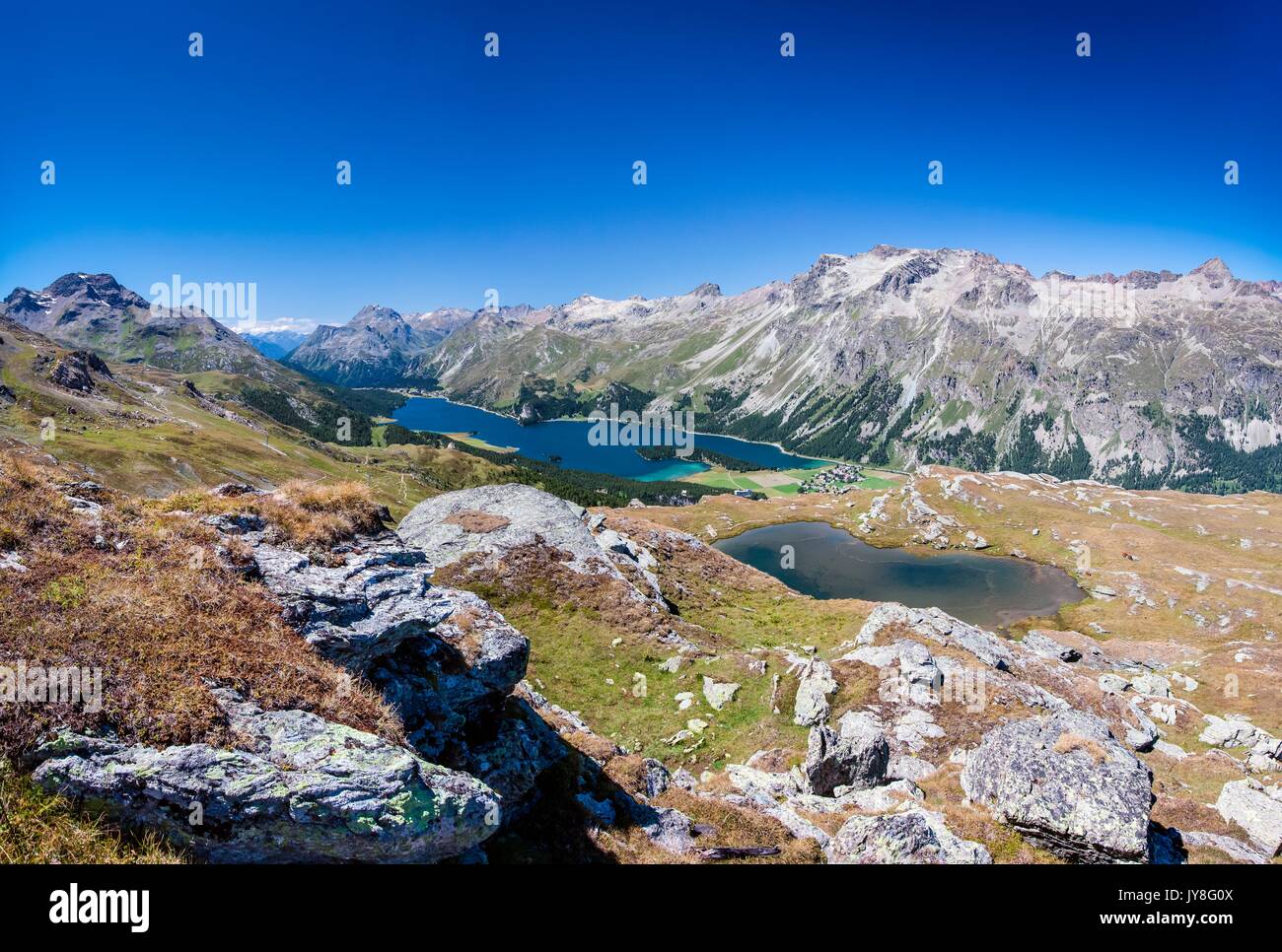 Panoramic view of Lake Sils from the lookout at the Lej Furtschellas, Engadine, Switzerland Stock Photo