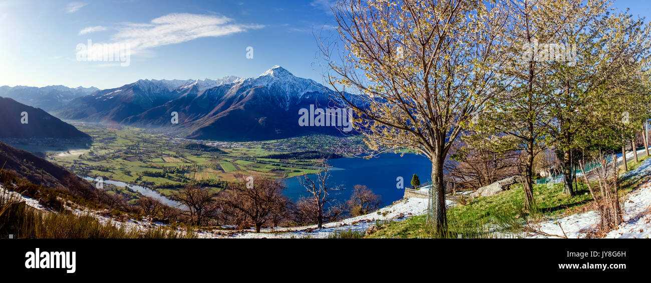 The view from Montemezzo over the low Valtellina where the rivers Mera and Adda enter in Como Lake. High Lario, Lombardy, Italy Europe Stock Photo