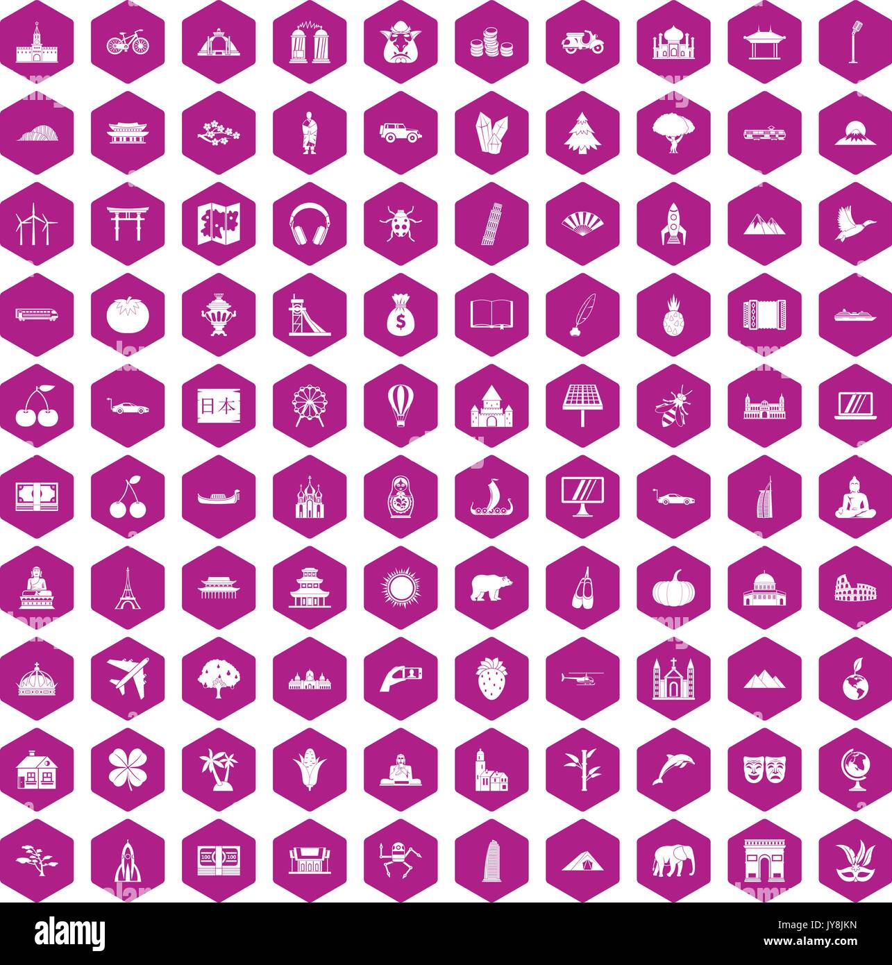 100 world icons hexagon violet Stock Vector