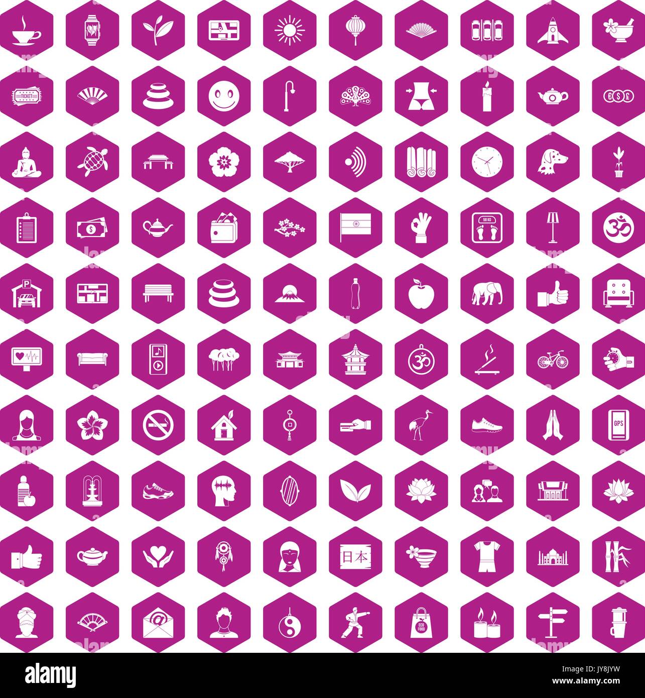 100 yoga studio icons hexagon violet Stock Vector
