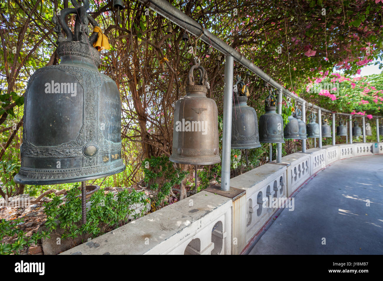 Bells Sounding at the Golden Mount or Mountain, the ancient pagoda at Wat Saket temple, Bangkok, Thailand Stock Photo