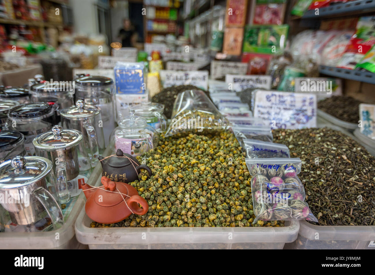 Various green tea leaves for sale in Chinatown markets, Bangkok