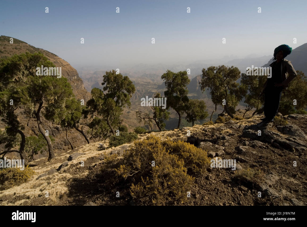 Simien Mountains National Park, armed scout looking at view, Ethiopia, 3260m 10,700ft high, escarpment edge near Buyit Ras Stock Photo