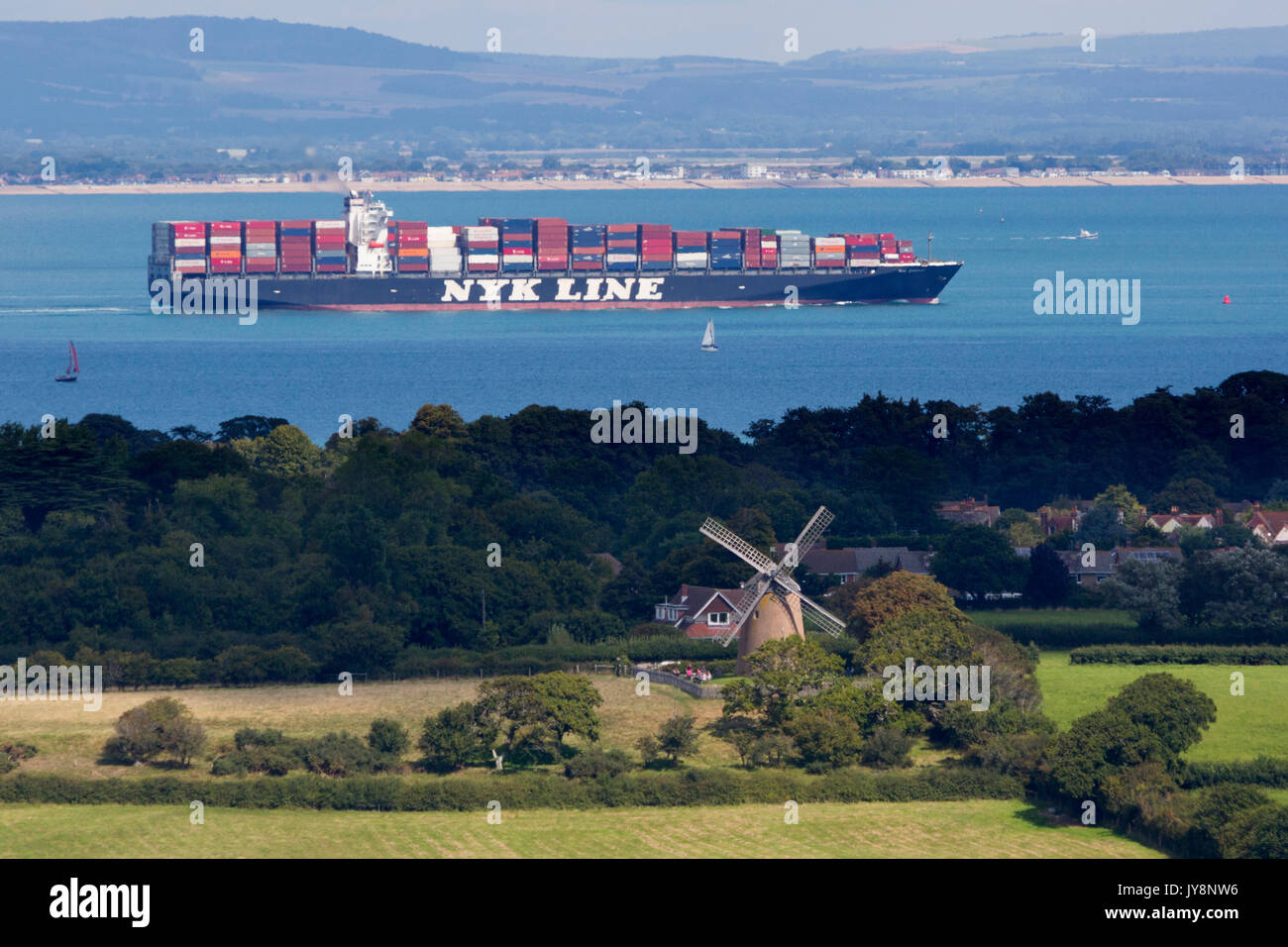 departure,departing,NYK Line, Container, Ship, shipsThe, Solent, Windmill, Bembridge, Isle of Wight, England, UK, Stock Photo