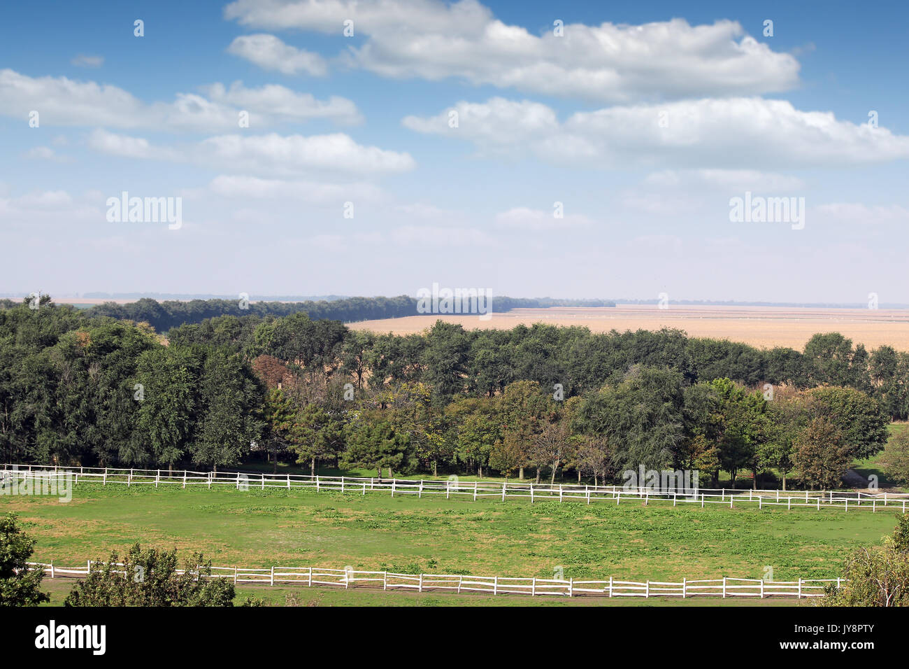 farmland landscape with wooden fence trees and blue sky Stock Photo - Alamy