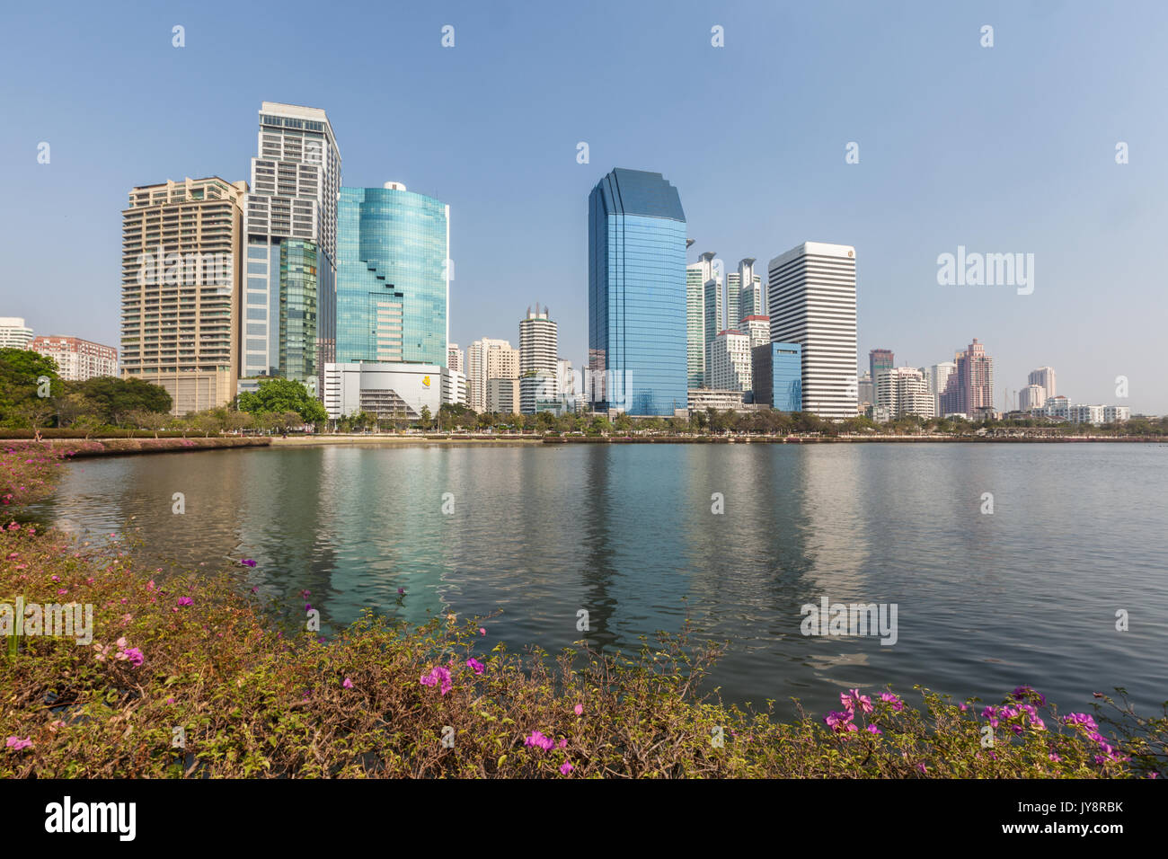 Benjakiti Park in Bangkok, Thailand skyline with Lake Ratchada, bougainvilleas and skyscrapers Stock Photo