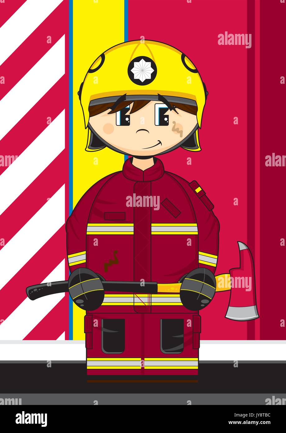 Cute Cartoon Fireman - Firefighter with Axe Vector Illustration Stock ...