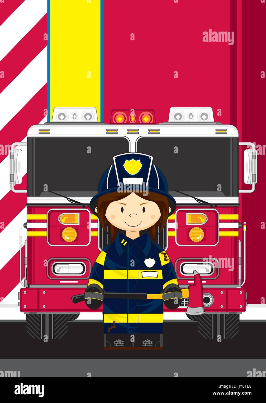 Cute Cartoon Fireman - Firefighter with Fire Engine Vector Illustration ...