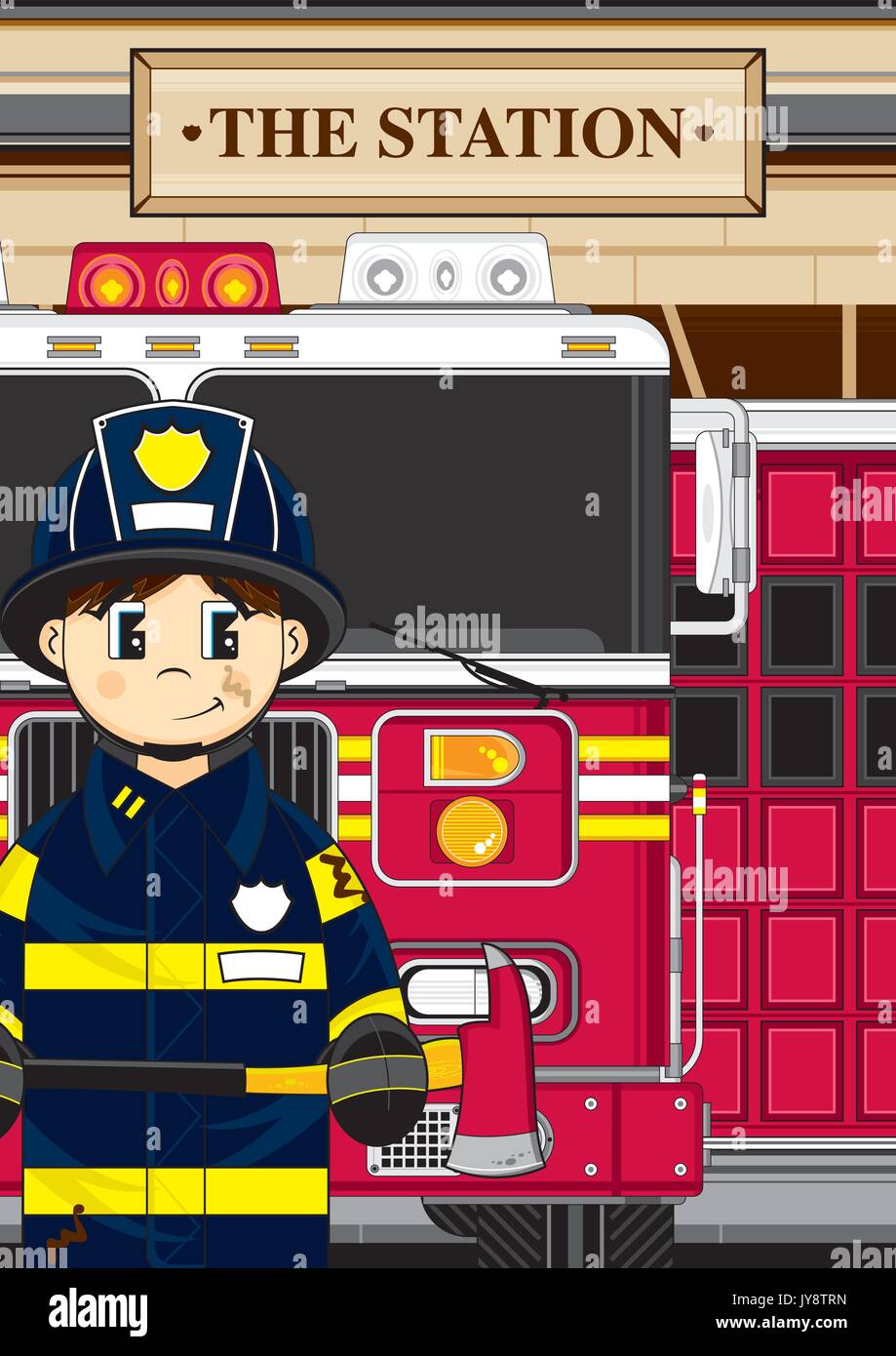 Cute Cartoon Fireman - Firefighter with Fire Engine Vector Illustration ...
