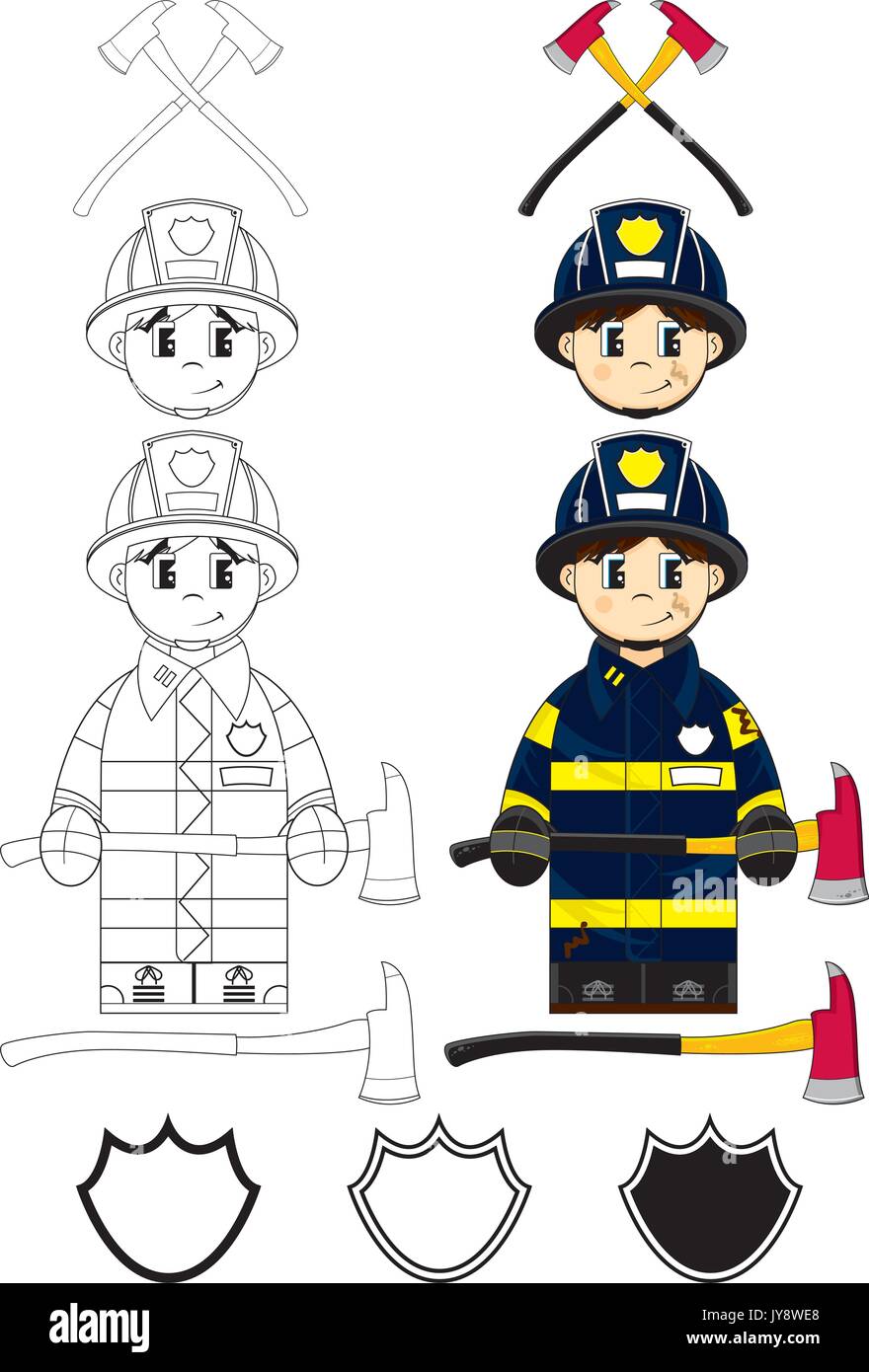 Cute Cartoon Fireman - Firefighter with Axe Vector Illustration Stock ...