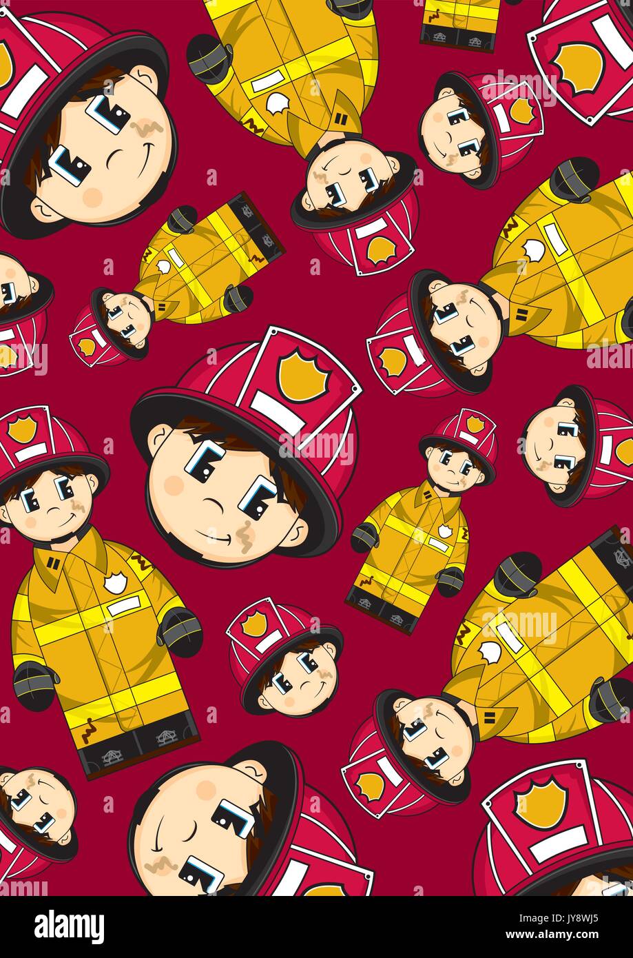 Cute Cartoon Fireman - Firefighter Patterned Vector Illustration Stock ...