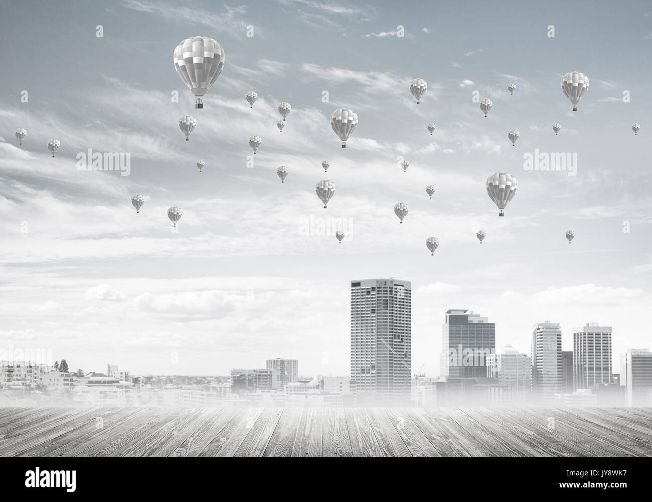 Concept Of Air Pollution Concept With Aerostats Flying Above Cit Stock Concept of air pollution concept with aerostats flying above cit stock