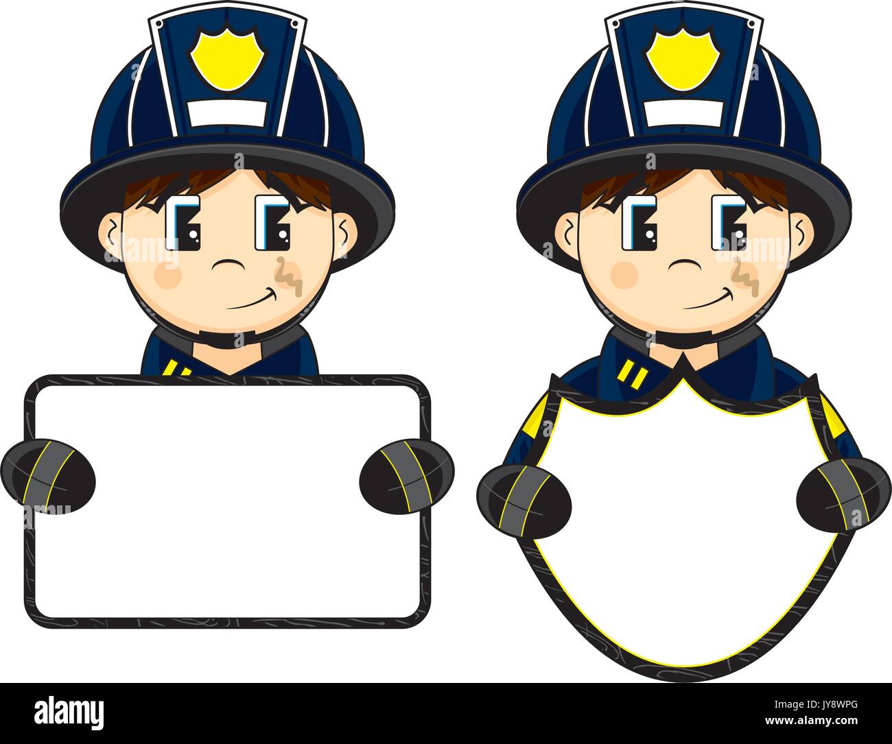 Cute Cartoon Fireman - Firefighter with Sign Vector Illustration Stock ...