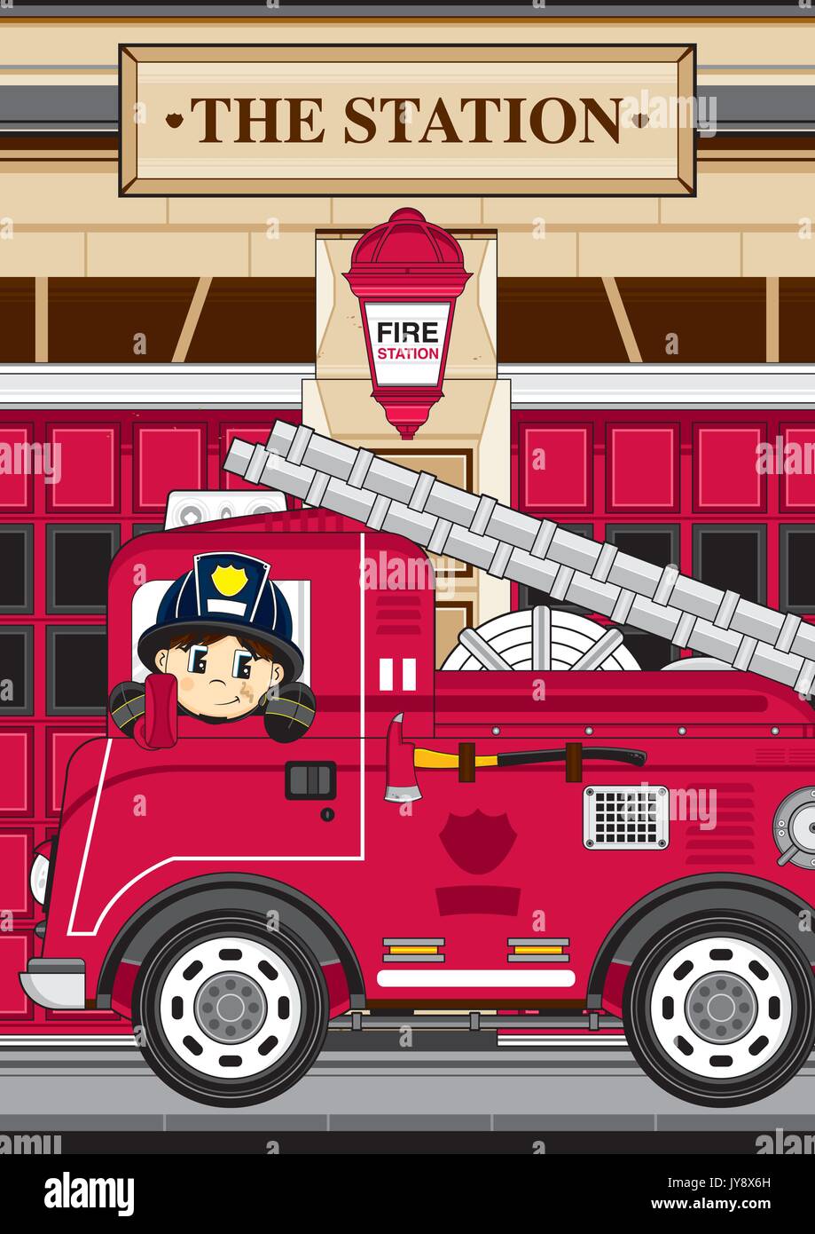 Cute Cartoon Fireman - Firefighter with Fire Engine Vector Illustration ...