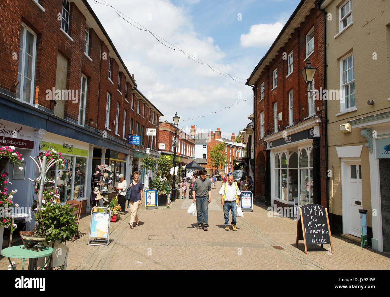 The main pedestrianised shopping street, Halesworth, Suffolk, England, UK Stock Photo