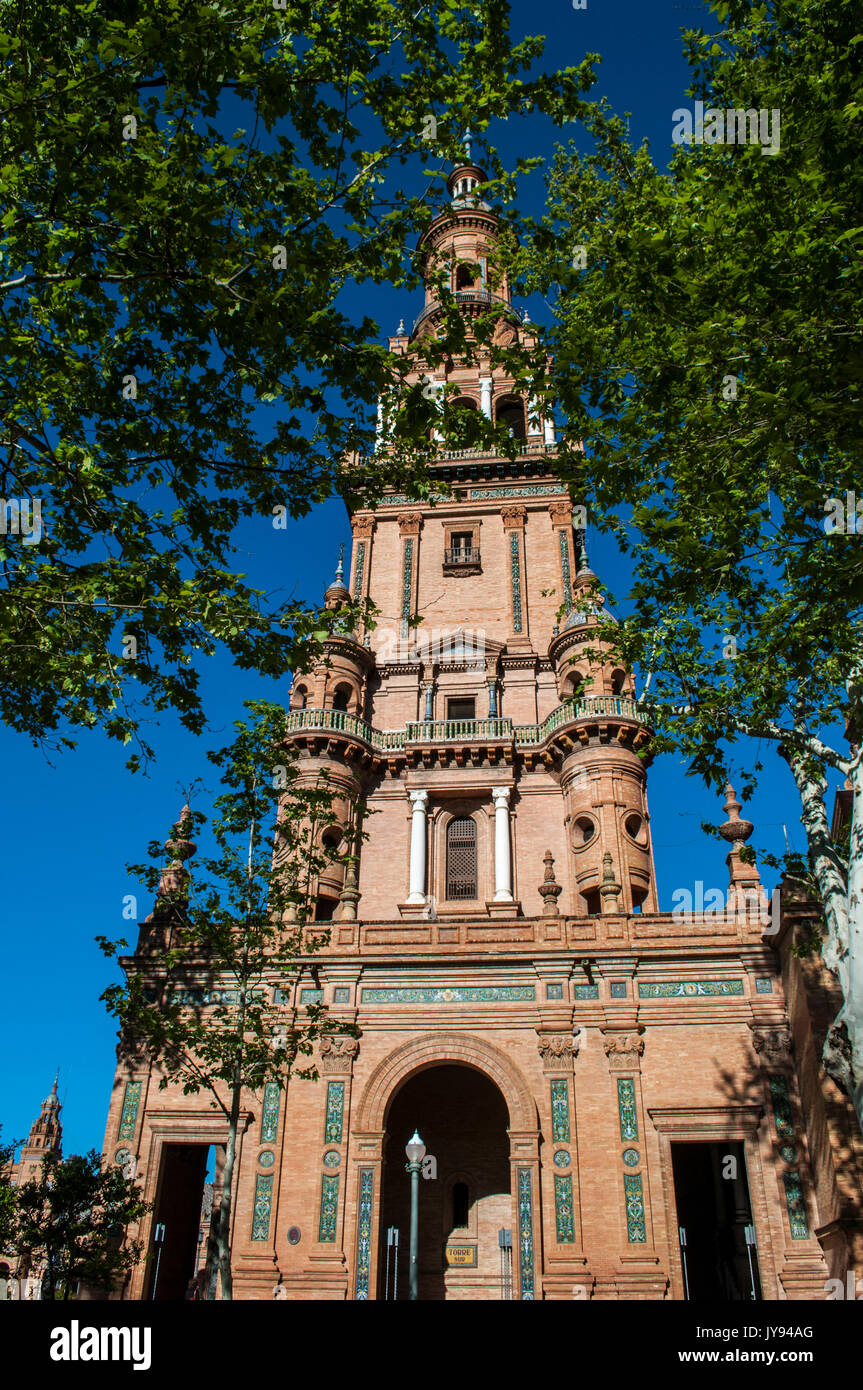 Spain: Torre Sur, the South Tower of Plaza de Espana, the most famous square of Seville, built in 1928 for the Ibero-American Exposition of 1929 Stock Photo