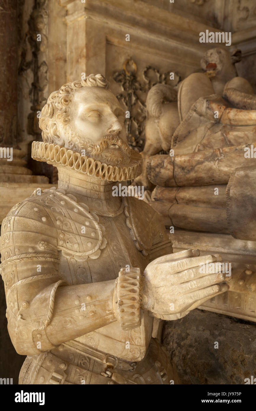 A detail of an elaborately carved alabaster bust forming part of the Kelway Monumnent in the church of St Peter & St Paul, Exton, Rutland, England. Stock Photo