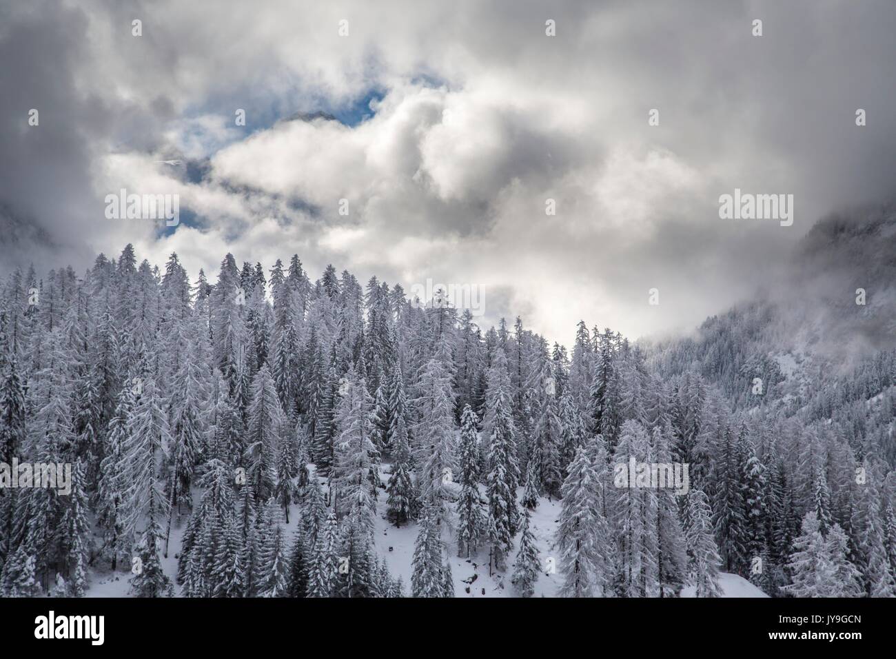 Cloudy sky over the woods of Bergun. Canton of Graubunden, Switzerland Europe Stock Photo