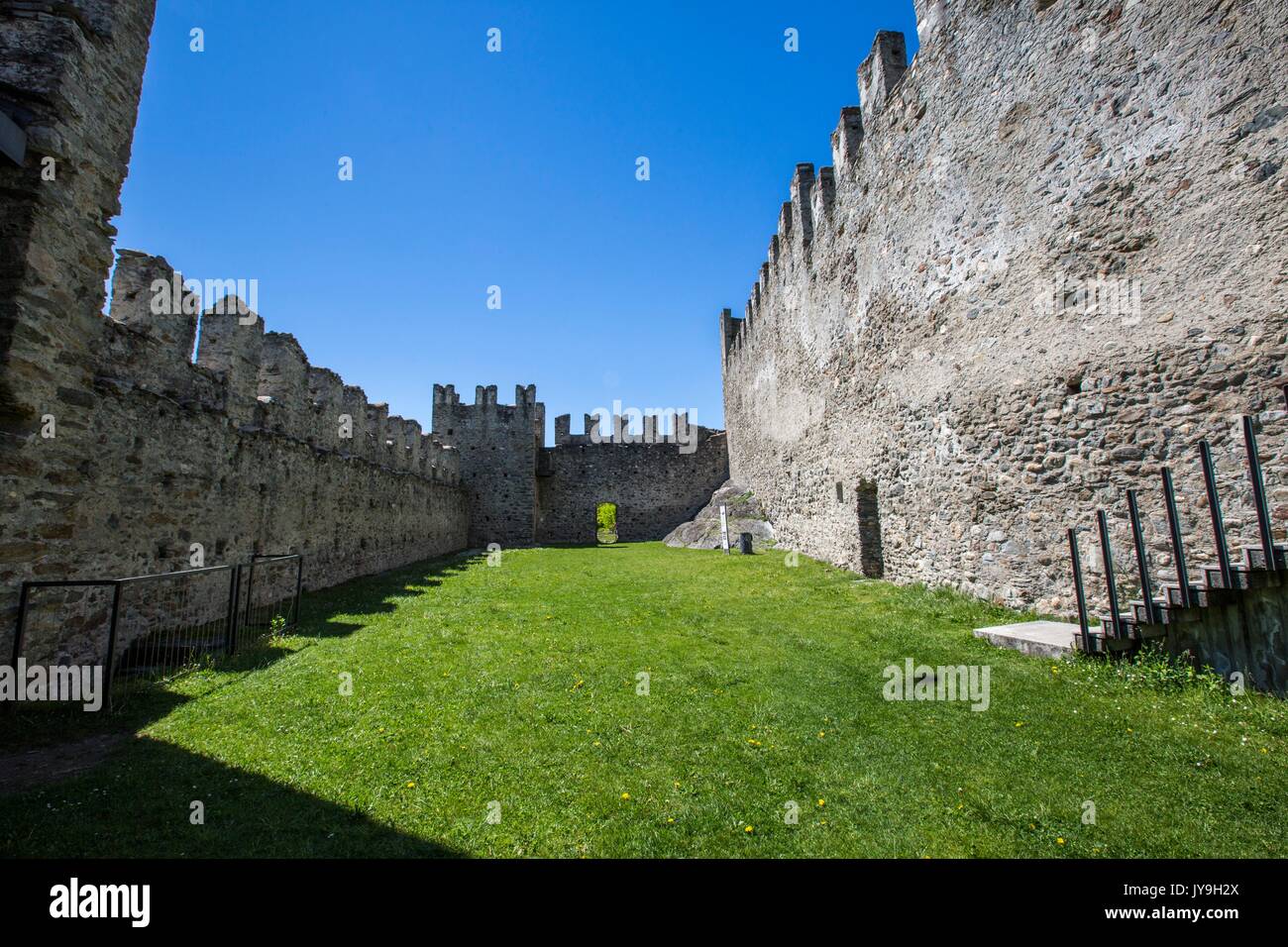Overview of the inner walls of Visconti Venosta Castle.  Grosio. Province of Sondrio. Valtellina. Lombardy. Italy. Europe Stock Photo