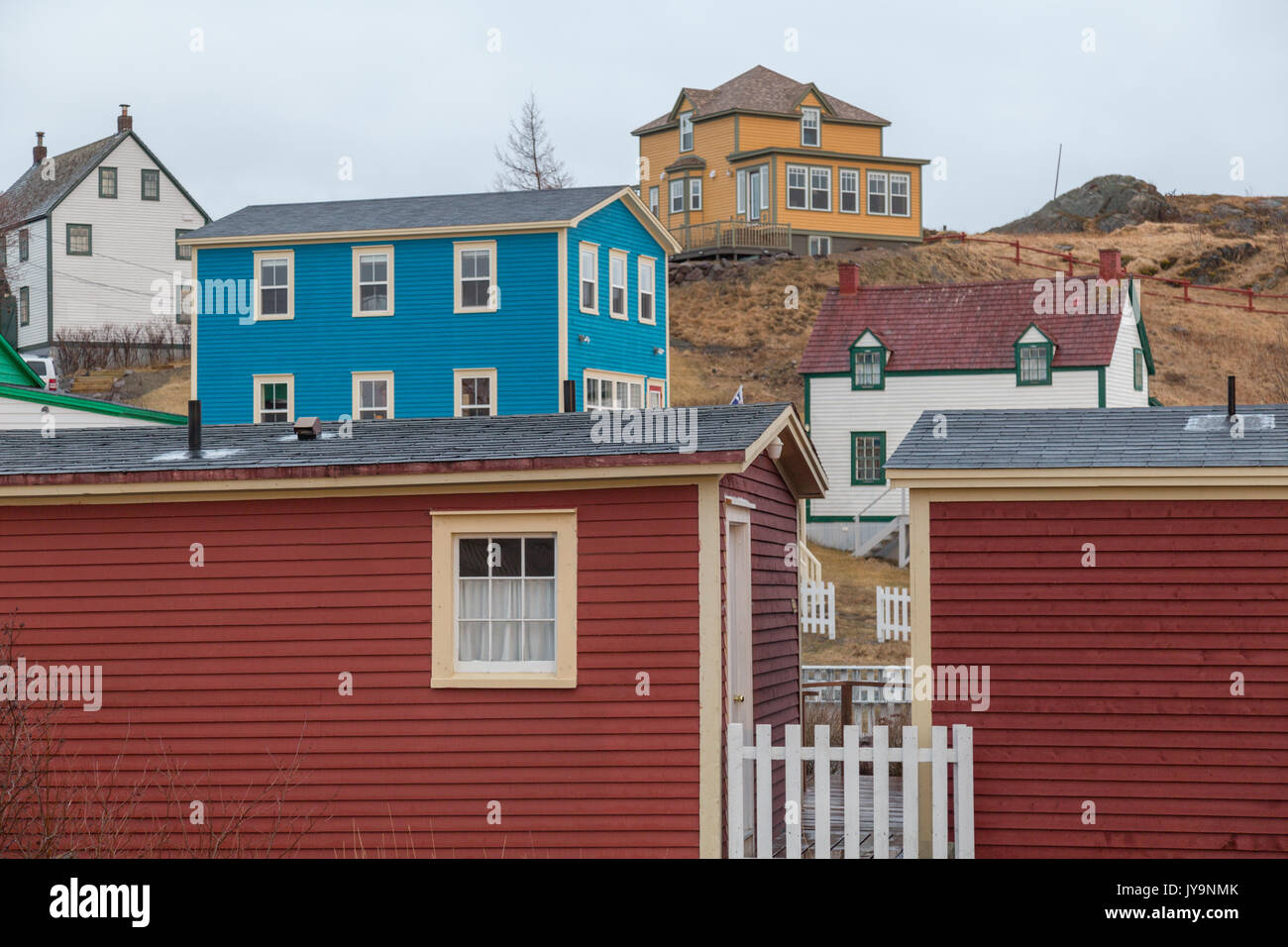 Colourful houses with wood siding in Trinity, Newfoundland, Canada