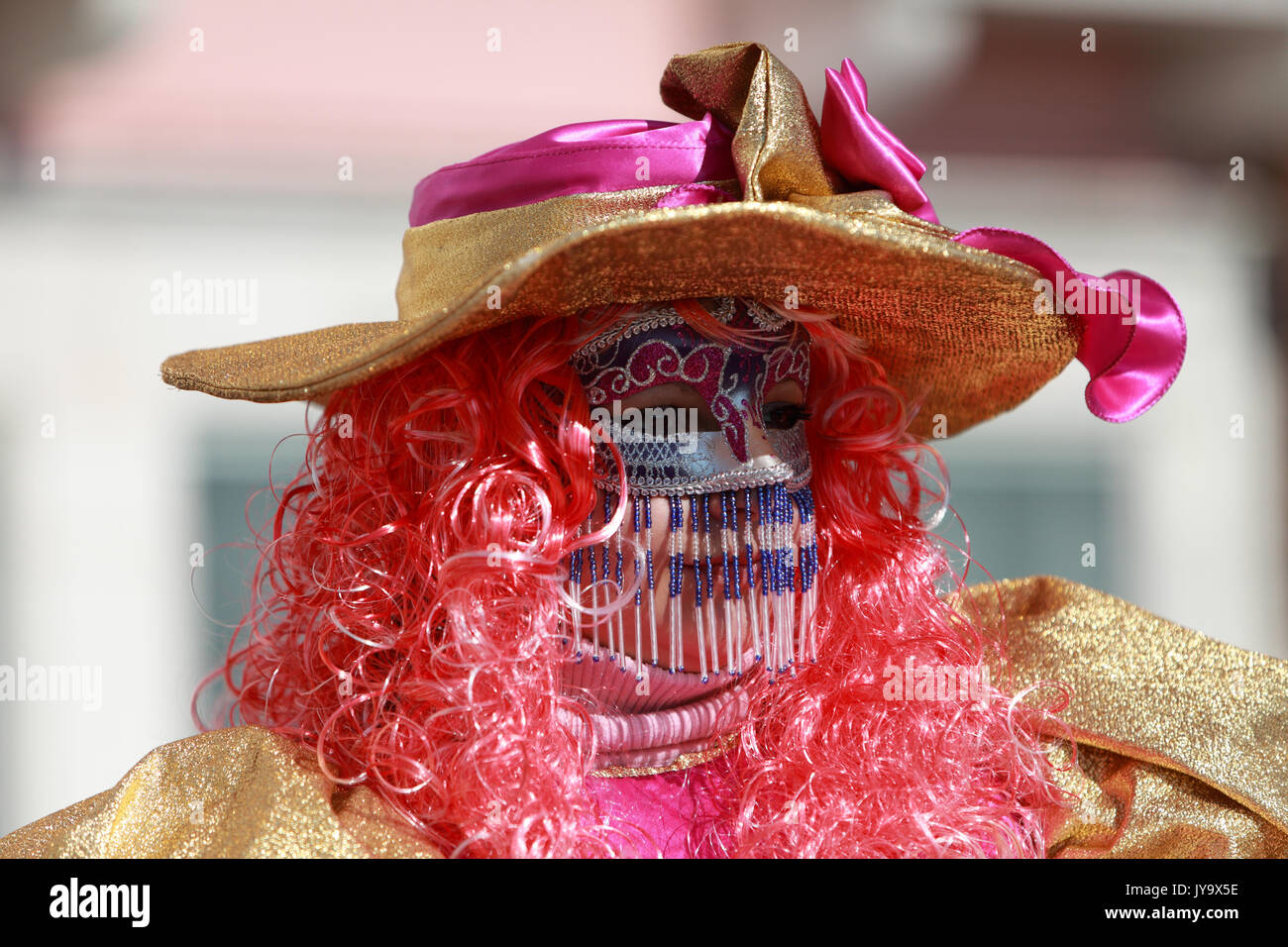 Venice,Italy-February 26th, 2011: Close-up of a woman wearing a Venetian disguise during the Carnival days.The Carnival of Venice (Carnevale di Venezi Stock Photo