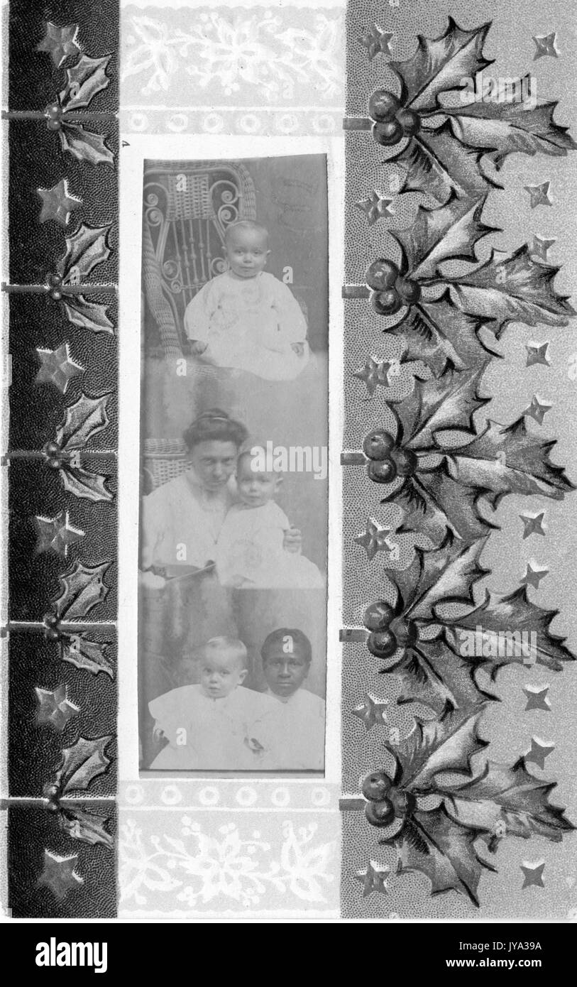 Christmas card with images of holly leaves and berries, decorated with a set of three photographs of an African American mother and child, South Carolina, 1908. Stock Photo