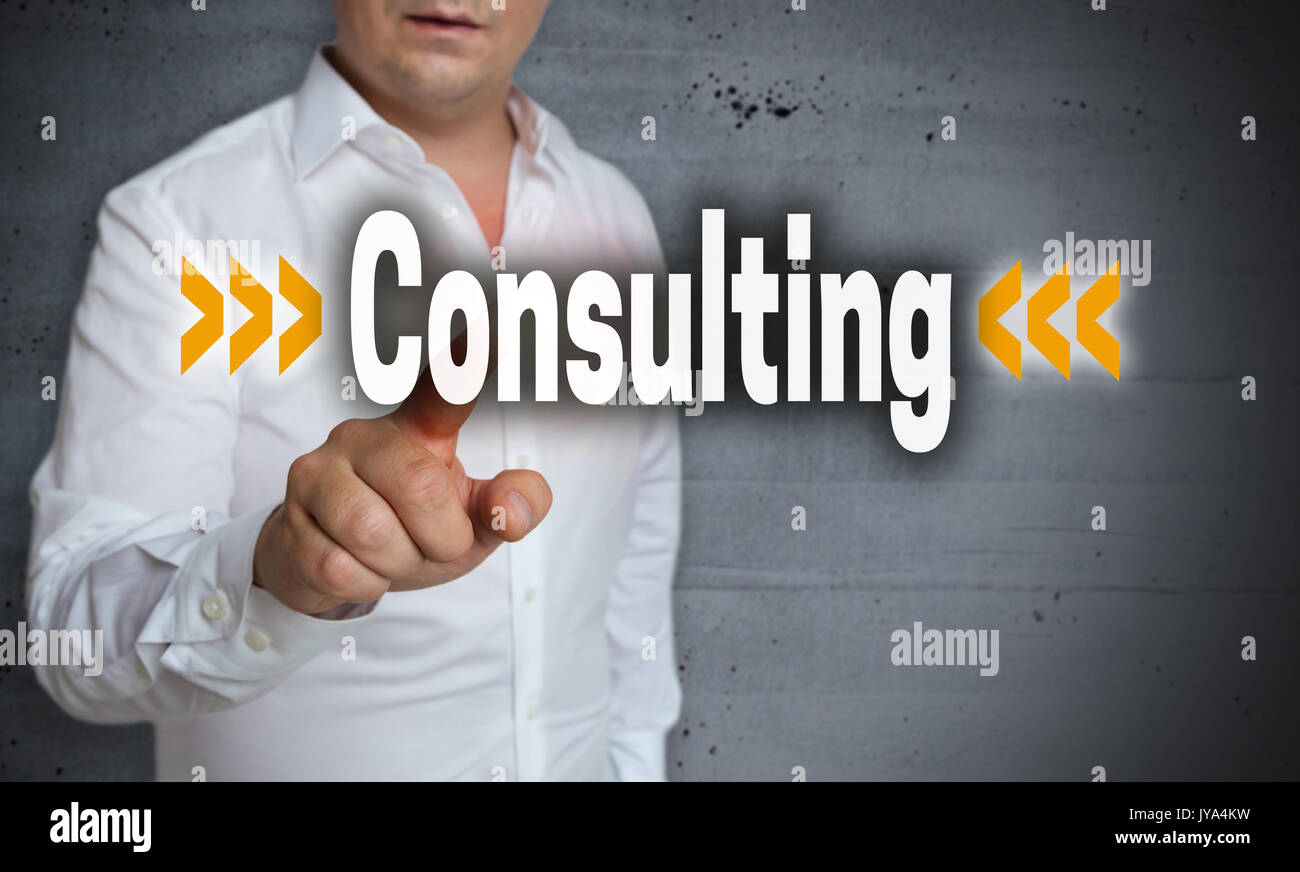 Consulting touchscreen is operated by man. Stock Photo