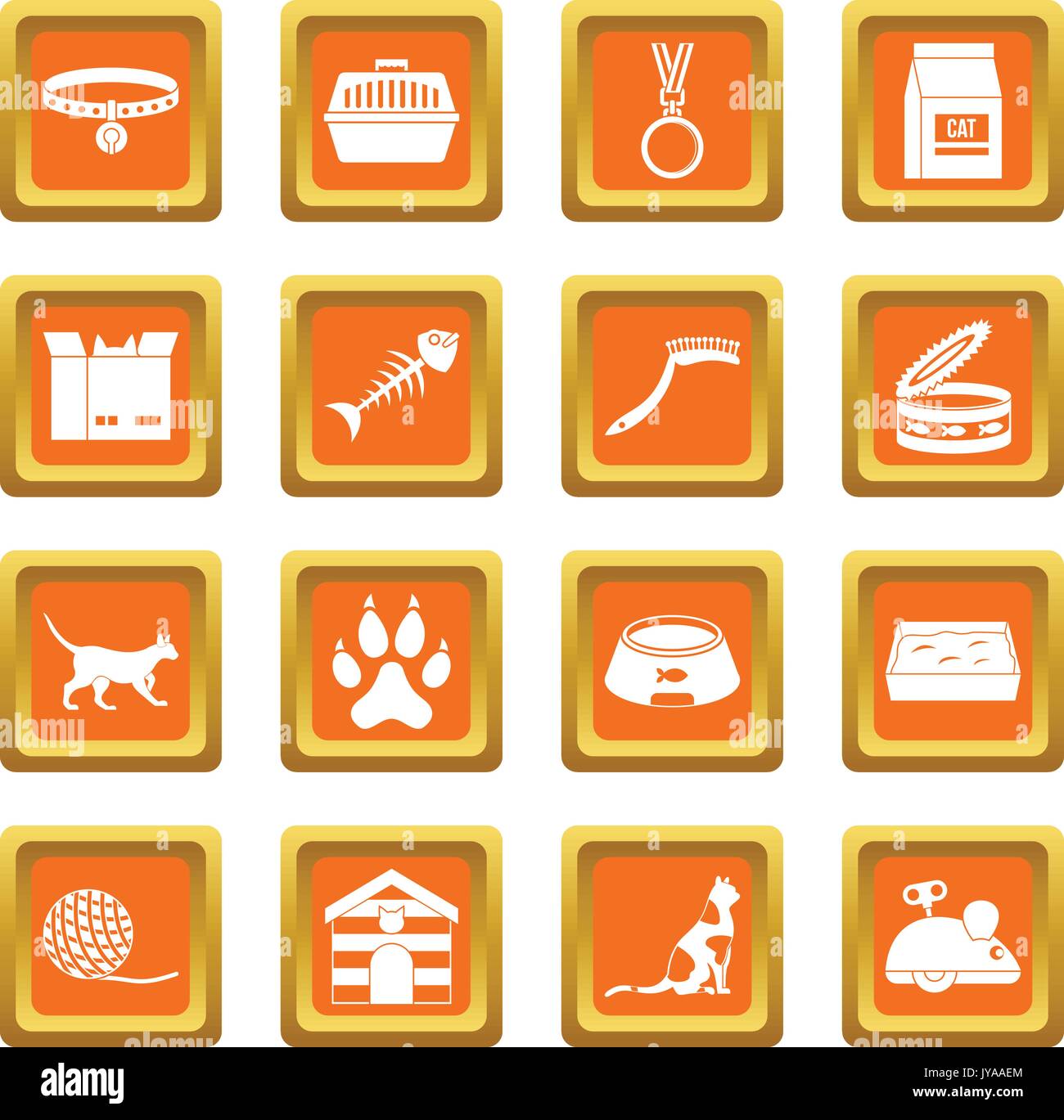 Cat care tools icons set orange Stock Vector