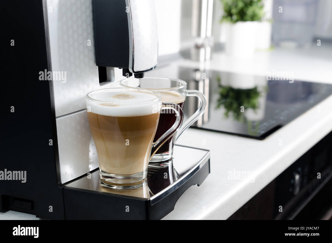 Two cups of coffee, home professional coffee machine. coffee machine