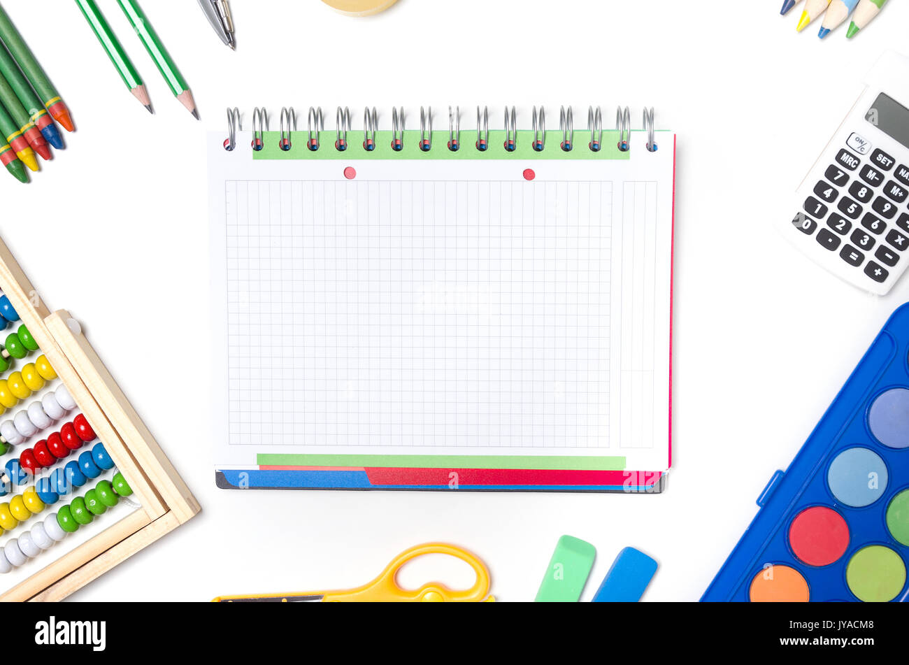 Back to school supplies composition. school desktop pencil background supplies education workspace table concept Stock Photo