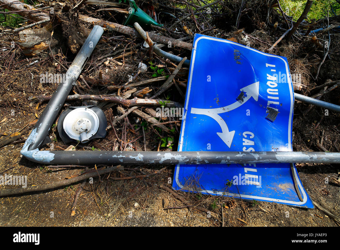 A damaged roadsign near the site of Hotel Rigopiano that was destroyed ...