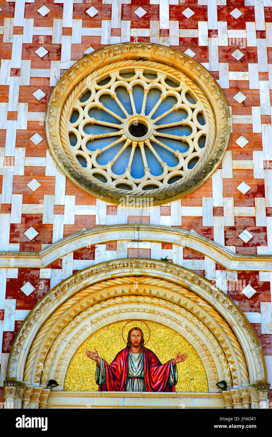 The pink and white marble facade of the Church of San Nicola or Basilica Volto Santo in Manoppello, Italy. Stock Photo