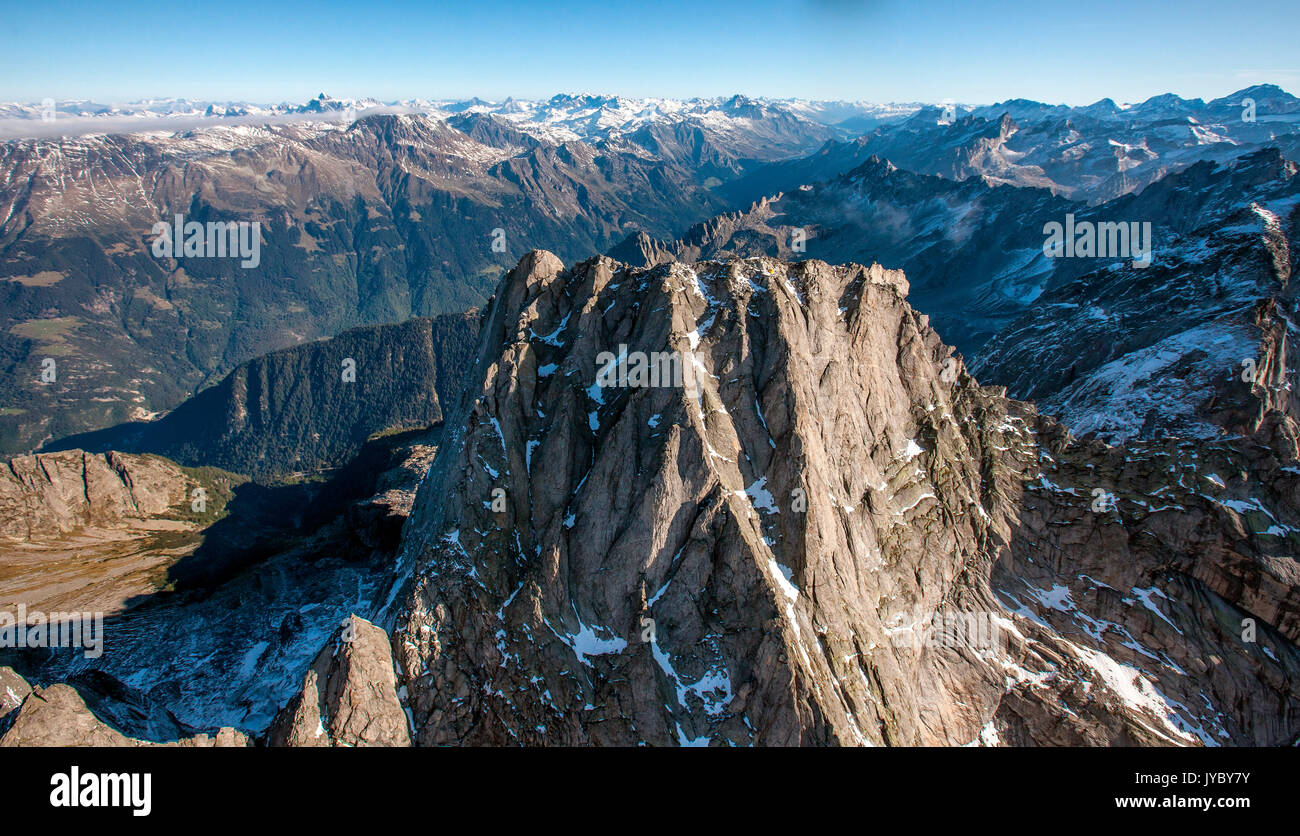 Aerial view of Piz Badile located between Masino and Val Bregaglia borders Italy Switzerland Europe Stock Photo