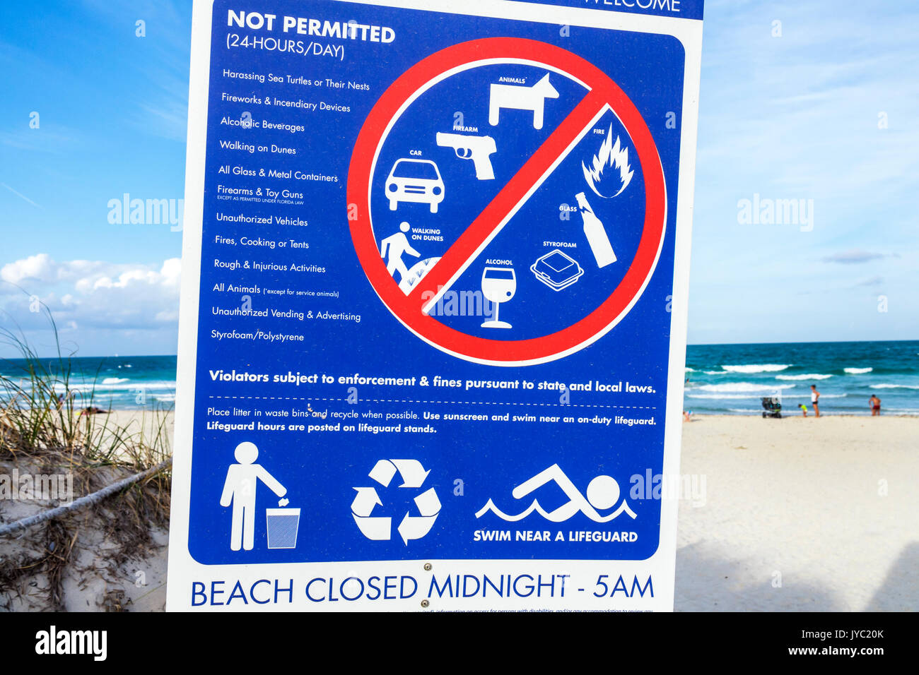 Miami Beach Florida,regulatory sign,warning,not permitted,drink drinks beverage beverages drinking,alcohol,animals,firearms,fire,rules,visitors travel Stock Photo