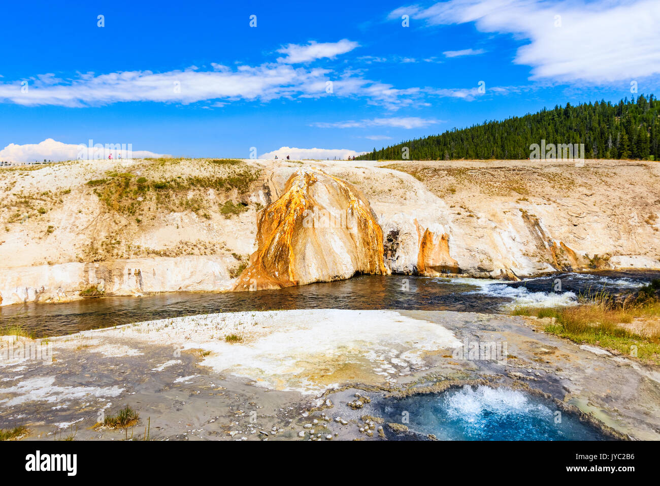 Iron Spring Creek in Black Sand Geyser Basin. Blue boiling water in a crater hot spring, pool. Yellowstone National Park, Wyoming USA Stock Photo