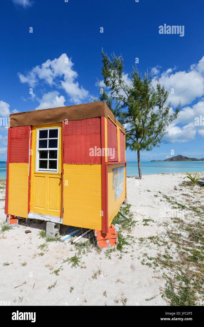 A colorful cabin frames the turquoise water of the Caribbean Sea Ffryers Beach Antigua and Barbuda Leeward Islands West Indies Stock Photo