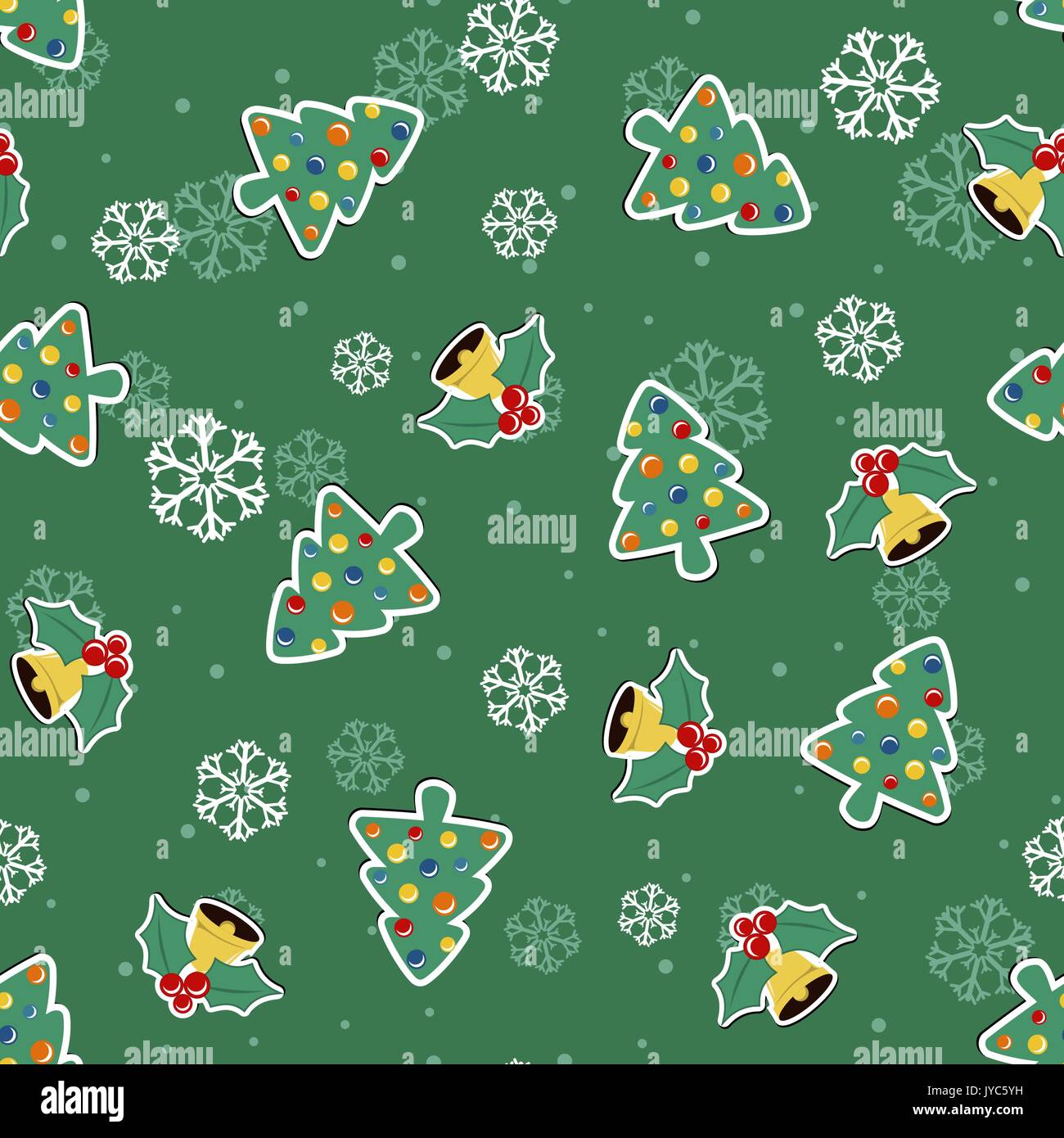 christmas seamless pattern with pine tree and bells on snowflakes background Stock Vector