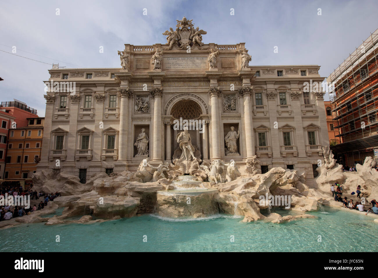 View of the Baroque Trevi Fountain decorated with statues and Corinthian pilasters Rome Lazio Italy Europe Stock Photo