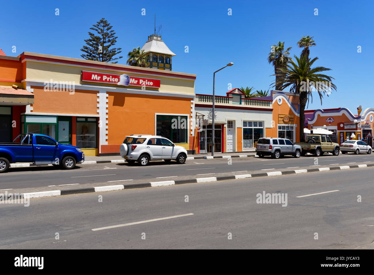 Swakopmund: Historic buildings from German colonial era at Sam Nujoma Avenue, Erongo Region, Namibia Stock Photo