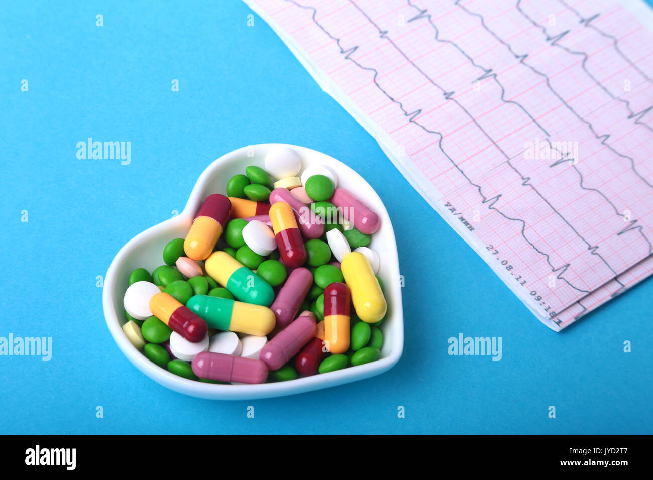 RX prescription and colorful assortment pills and capsules on plate ...