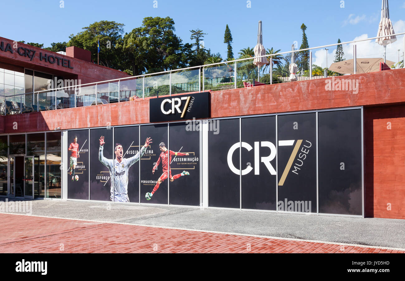 The Christiano Ronaldo Pestana CR hotel and museum is pictured on the Funchal waterfront on the Portuguese island of Madeira.. Stock Photo
