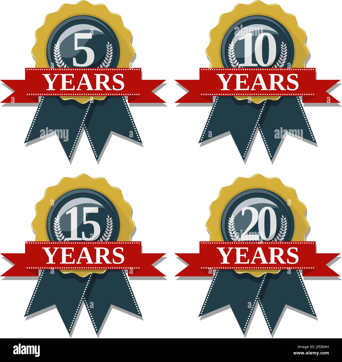 seal and ribbon collection commemorating 5 10 15 20 years,  in vector format very easy to edit, individual objects, solid colors, no gradients Stock Vector