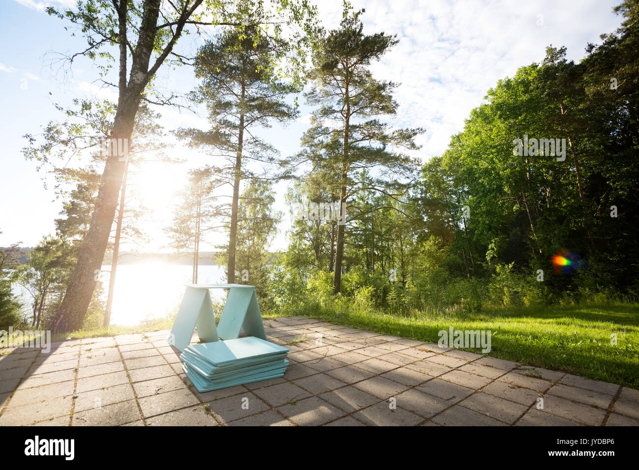 Wooden Planks On Patio In Forest During Sunny Day Stock Photo