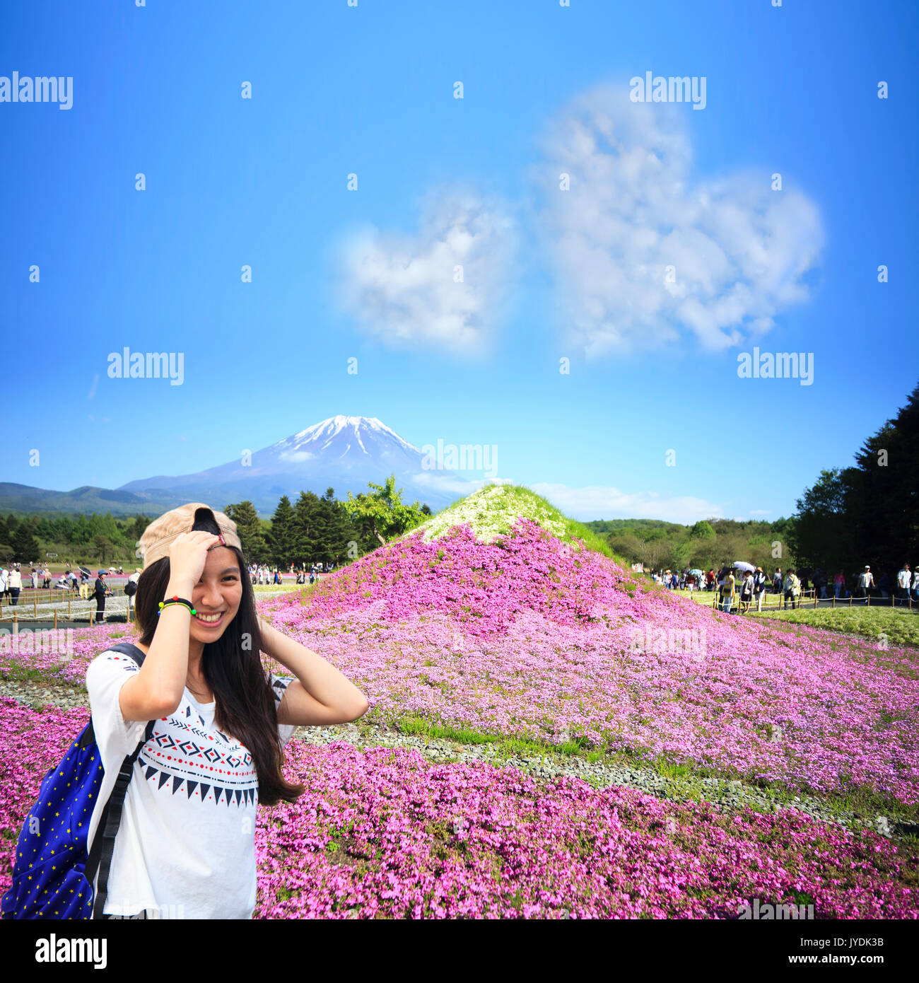 fuji river lake, japan, May,21 2016 : Japan Shibazakura Festival with the field of pink moss of Sakura or cherry blossom with Mountain Fuji in backgro Stock Photo