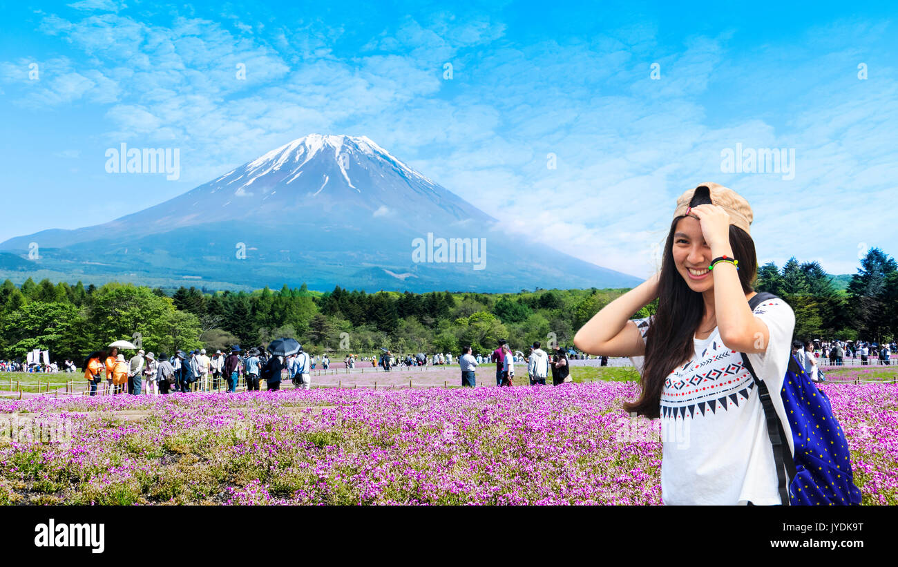 fuji river lake, japan, May,21 2016 : Japan Shibazakura Festival with the field of pink moss of Sakura or cherry blossom with Mountain Fuji in backgro Stock Photo
