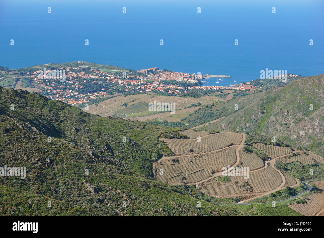 Collioure Mediterranean village landscape seen from the heights, Vermilion coast, south of France, Roussillon, Pyrenees-Orientales Stock Photo