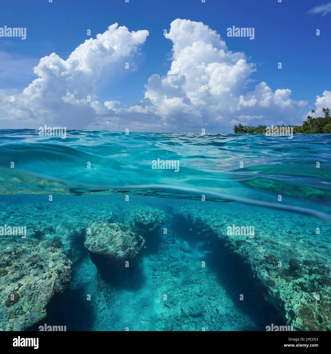 Seascape over and under sea surface, cloudy blue sky with rocky seabed underwater split by waterline, Huahine island, Pacific ocean, French Polynesia Stock Photo