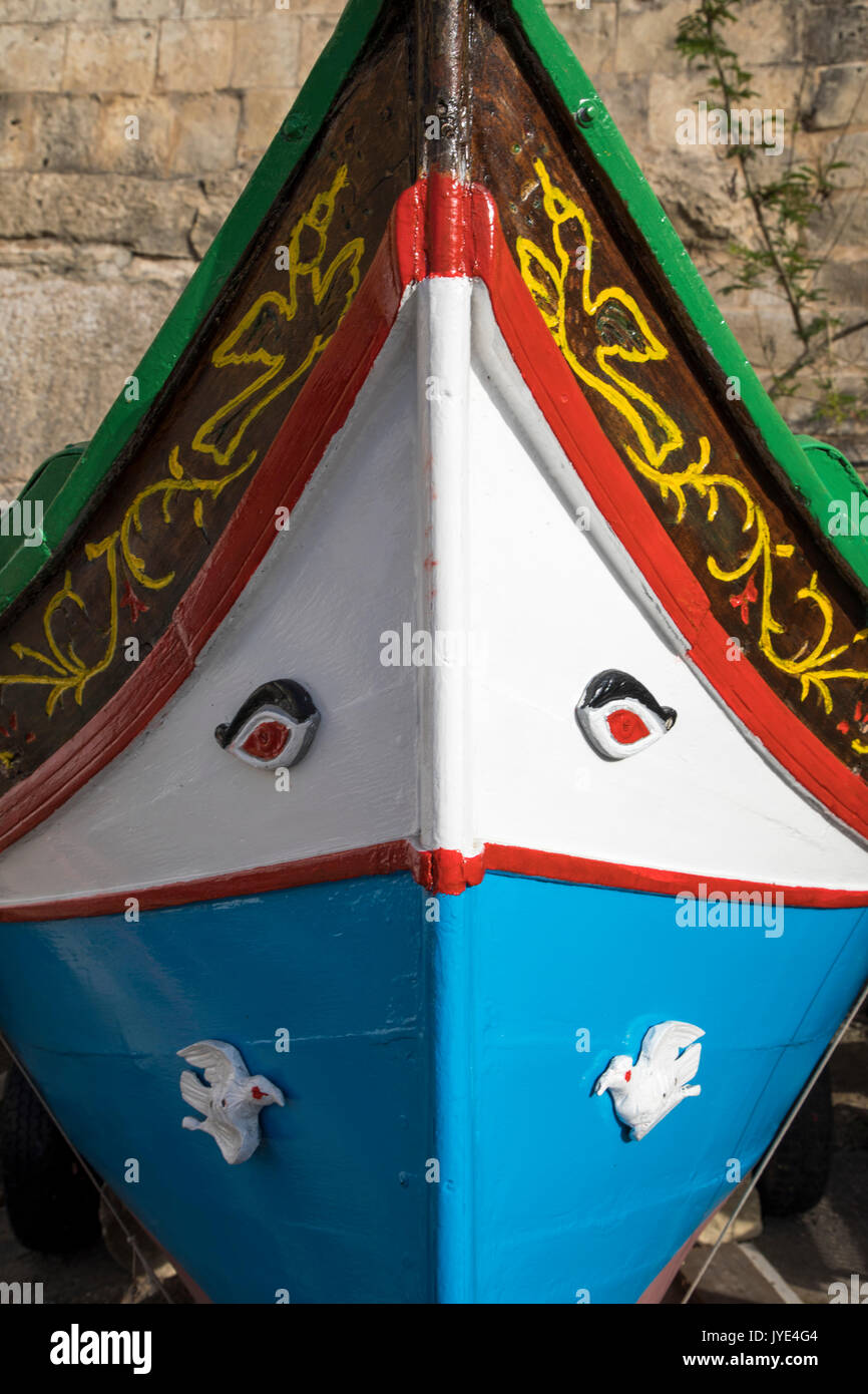 Malta, Valetta, typical Maltese fishing boats, hand painted, called Luzzu, also used as a water taxi in the Grand Harbour, Stock Photo