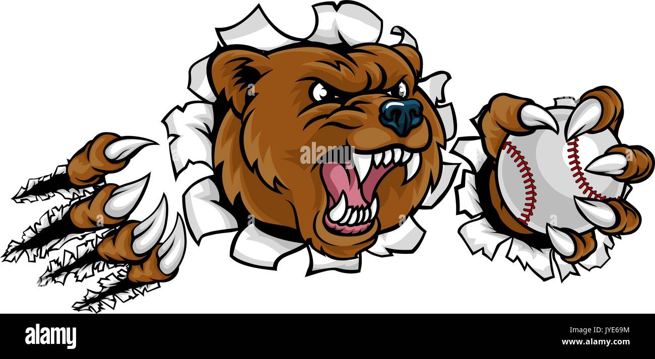 Bear Holding Baseball Ball Breaking Background Stock Vector