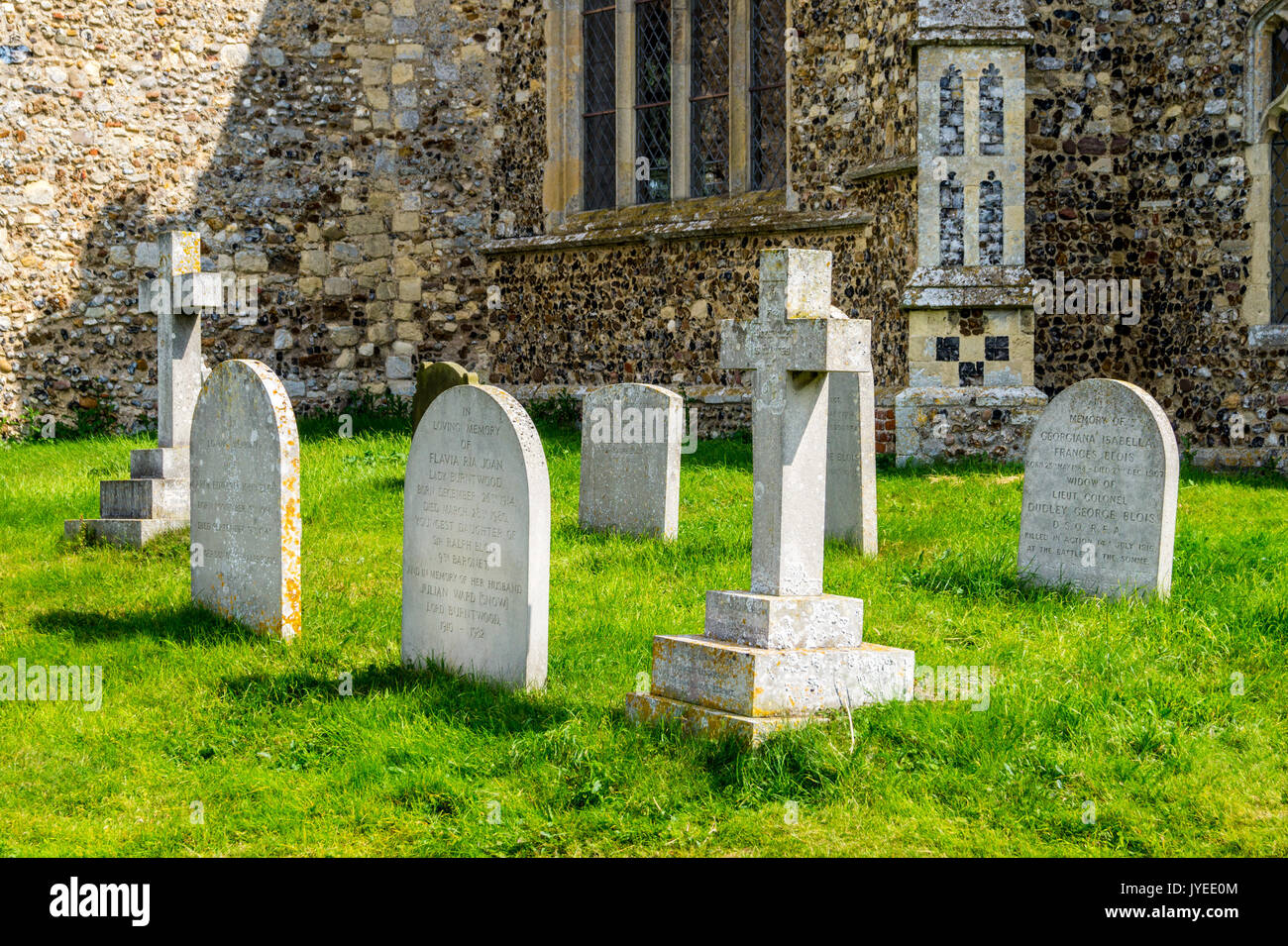 Burial plot of the Blois family in the shadow of the tower, Holy Trinity Church, Blythburgh, Suffolk, England Stock Photo